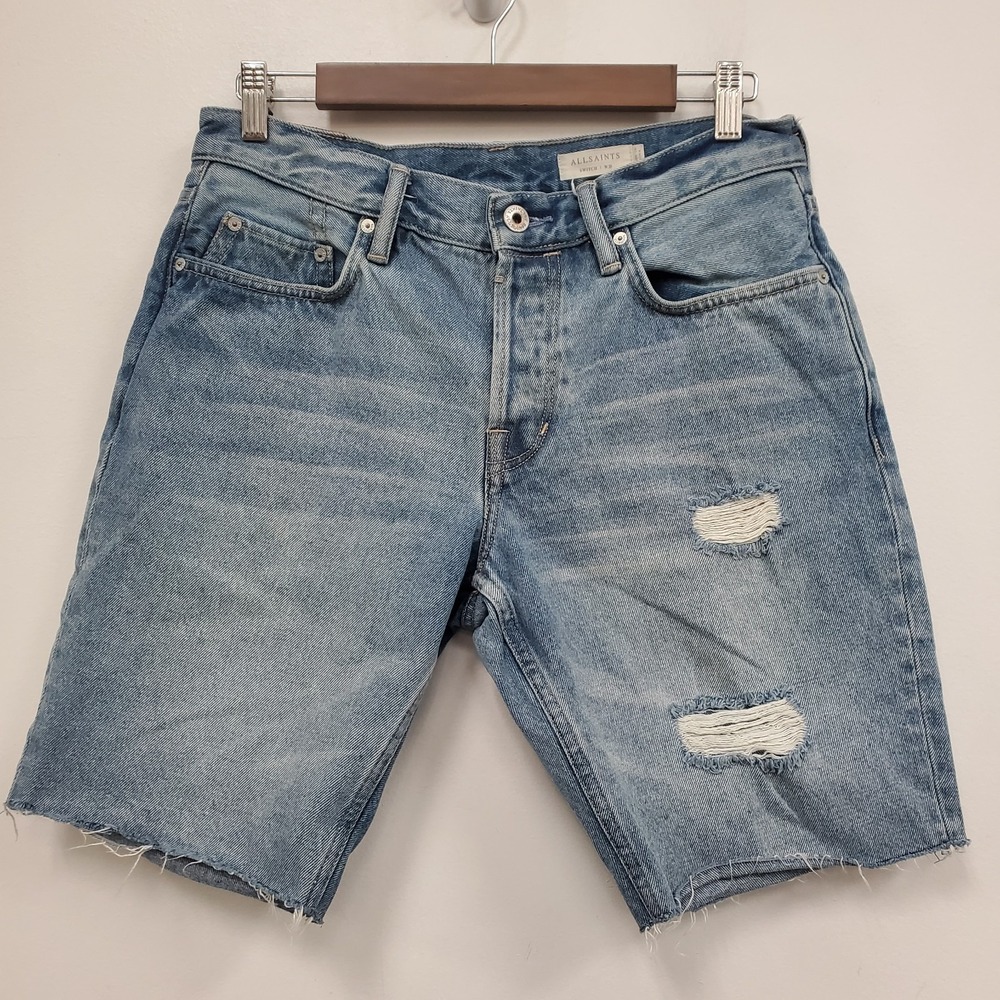 Allsaints Mens Cut Off Distressed Switch Shorts Size 30 Blue Denim Button Fly